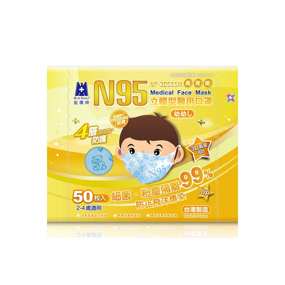 【藍鷹牌】N95立體型2-4歲幼幼醫用口罩 50片x2盒(藍熊/綠熊/粉熊)