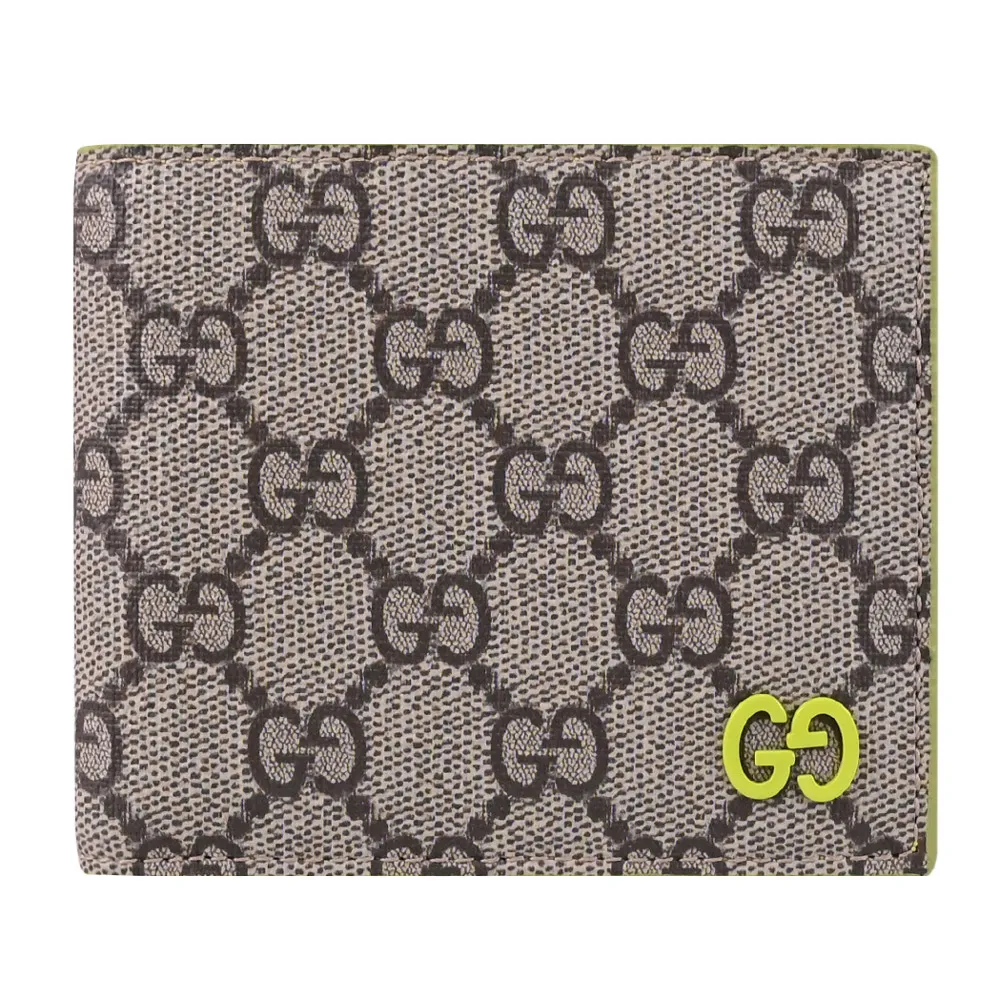 【GUCCI 古馳】GG Supreme 經典雙C印花拼接雙層8卡短夾(駝/綠)