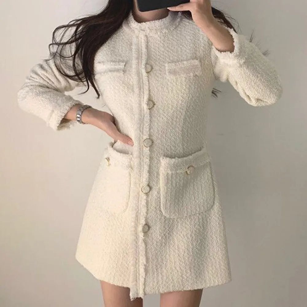 【baibeauty 白鳥麗子】法式毛呢拼接流蘇單排扣長袖洋裝(連身裙)