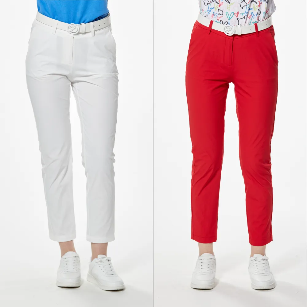 【Lynx Golf】女款彈性舒適極簡風格LOGO壓紋織帶剪接俏皮袋蓋矽膠標造型窄管九分褲(二色)
