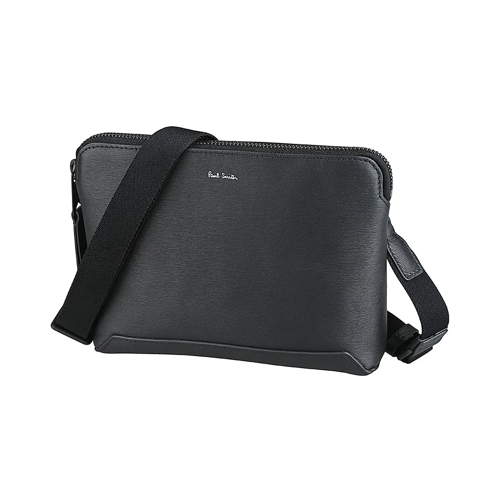 【Paul Smith】PAUL SMITH燙印銀箔LOGO牛皮拉鍊斜背/手拿包(男款/黑x內裡多彩條紋)