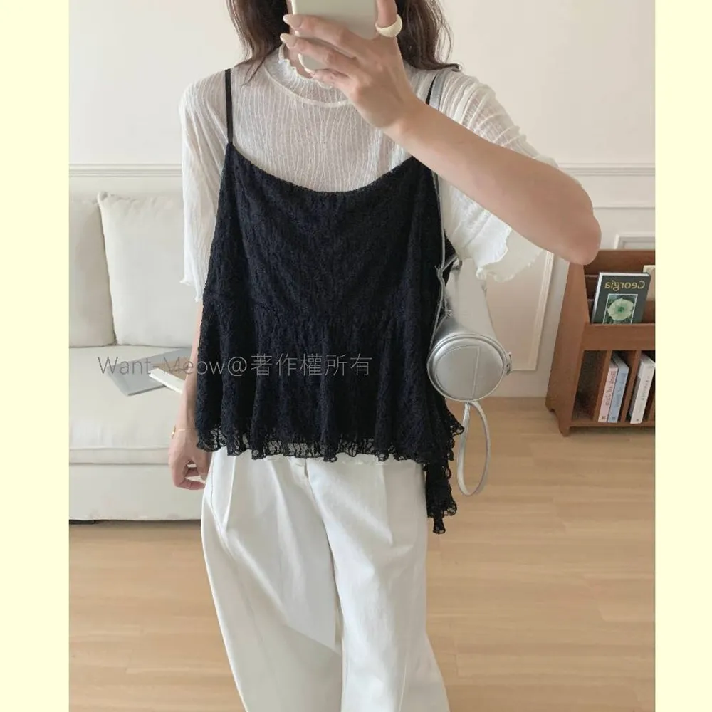 【Want-Meow】90公斤可穿/大胸可/日系細肩帶可調質感蕾絲背心吊帶背心(大碼上衣/大碼/大尺碼/吊帶背心)