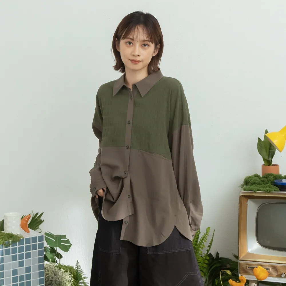 【MOSS CLUB】天絲棉彈緹花拼接寬鬆長袖襯衫 黑 白 綠