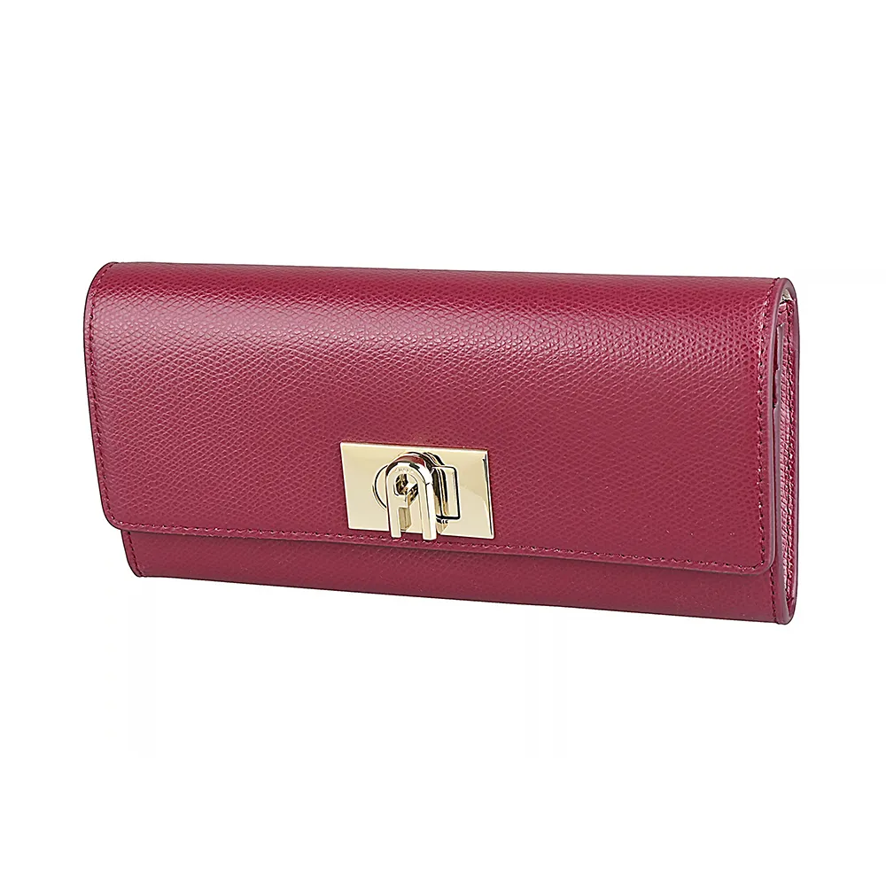 【FURLA 芙拉】FURLA 1927系列拱門LOGO牛皮10卡翻蓋旋轉釦式長夾(深紅)