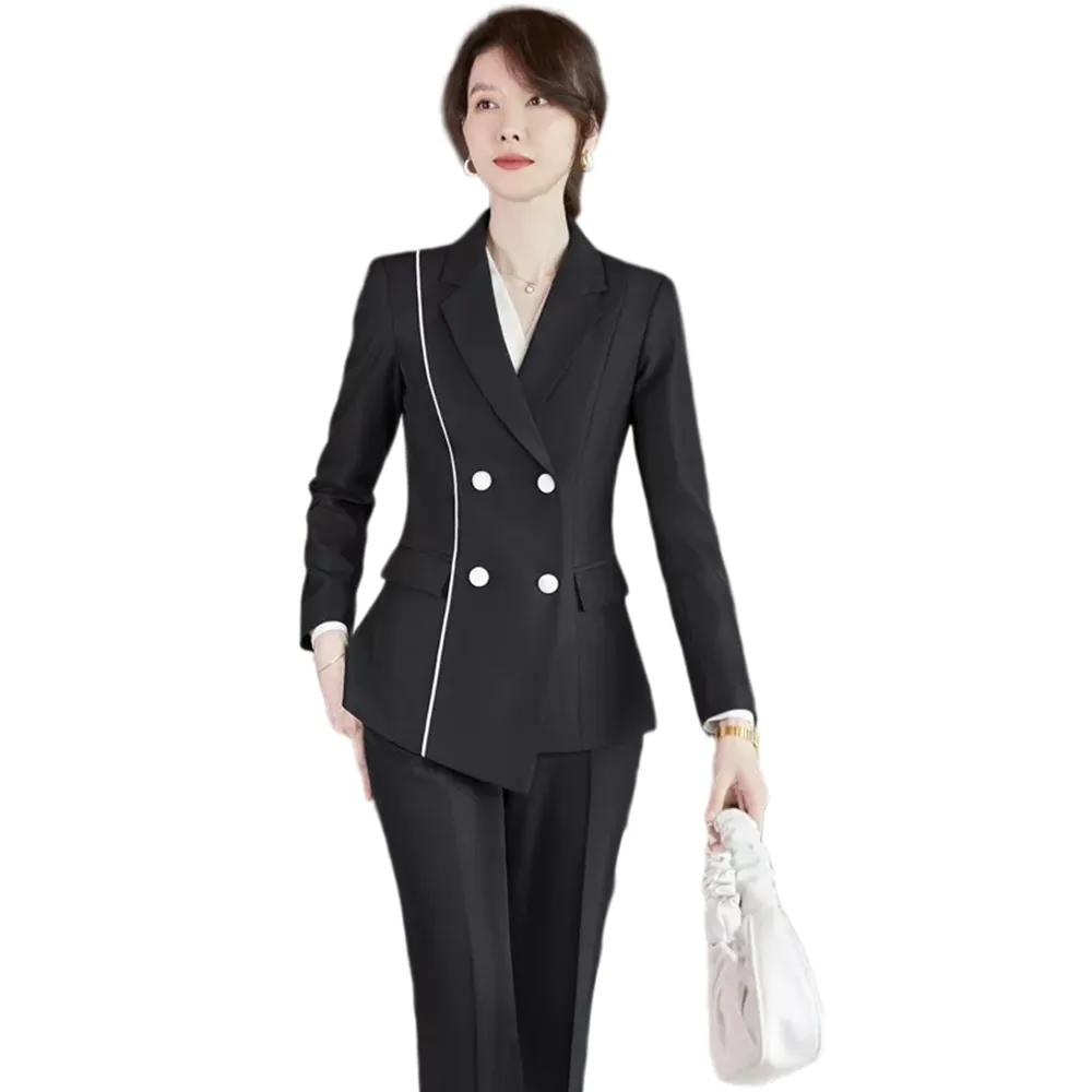 【米蘭精品】現貨+預購 西裝套裝兩件套(雙排扣外套純色長褲女職業西裝2色74ct55)