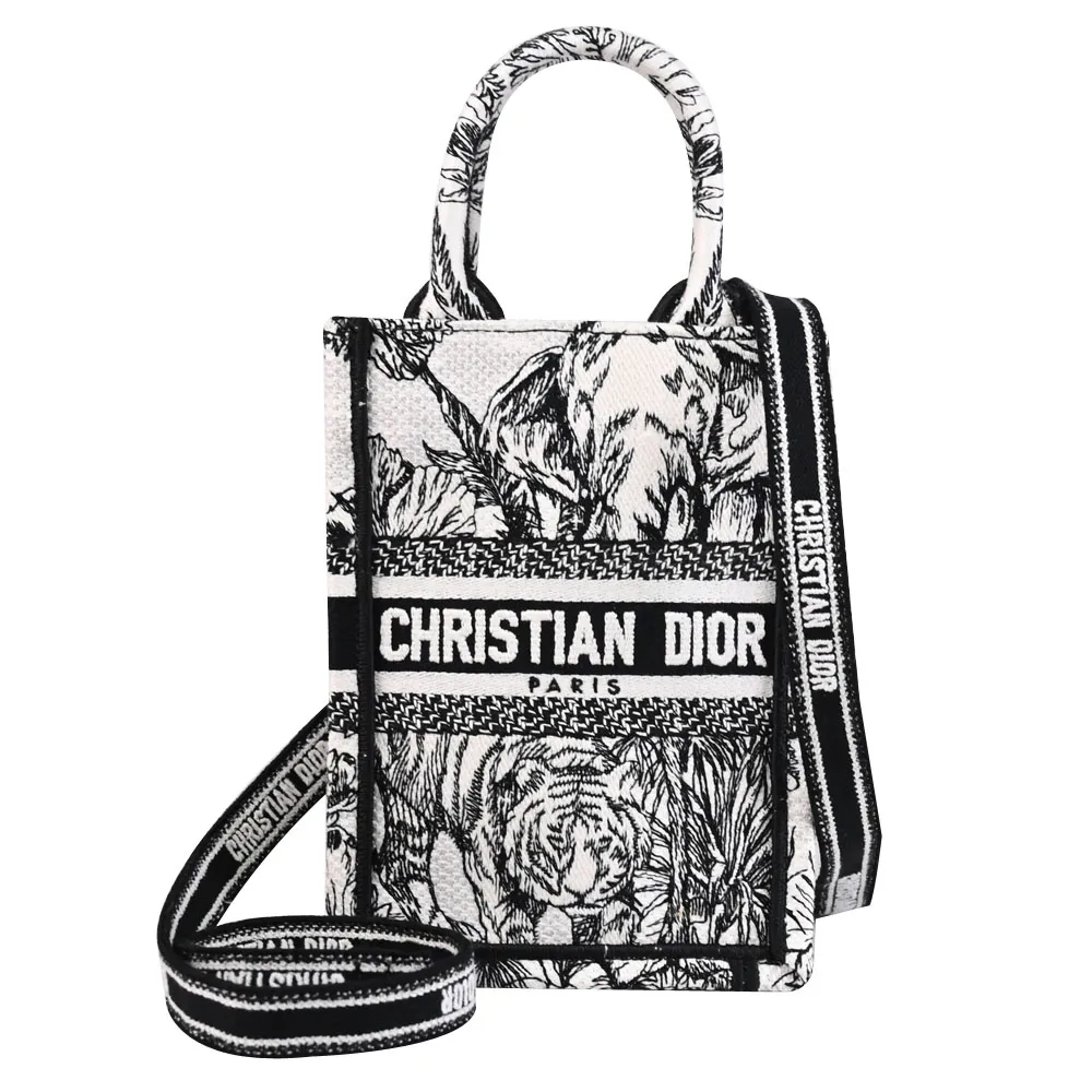 【Dior 迪奧】Book Tote 經典LOGO滿版刺繡帆布迷你手提包托特包兩用包(黑白)