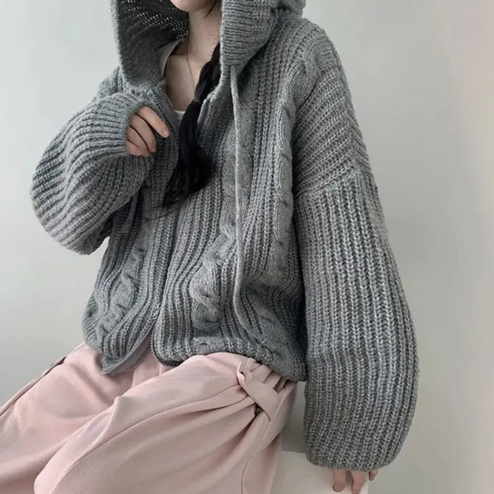 【Uicy】韓版麻花連帽雙拉鍊寬鬆毛衣外套 外套 防曬外套 女裝 J414