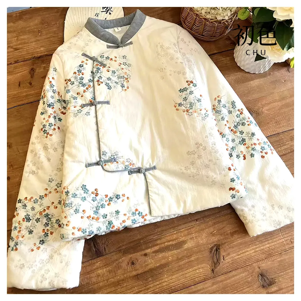 【初色】中式撞色立領斜襟印花長袖棉服上衣女上衣-米白色-16420(M-2XL可選)