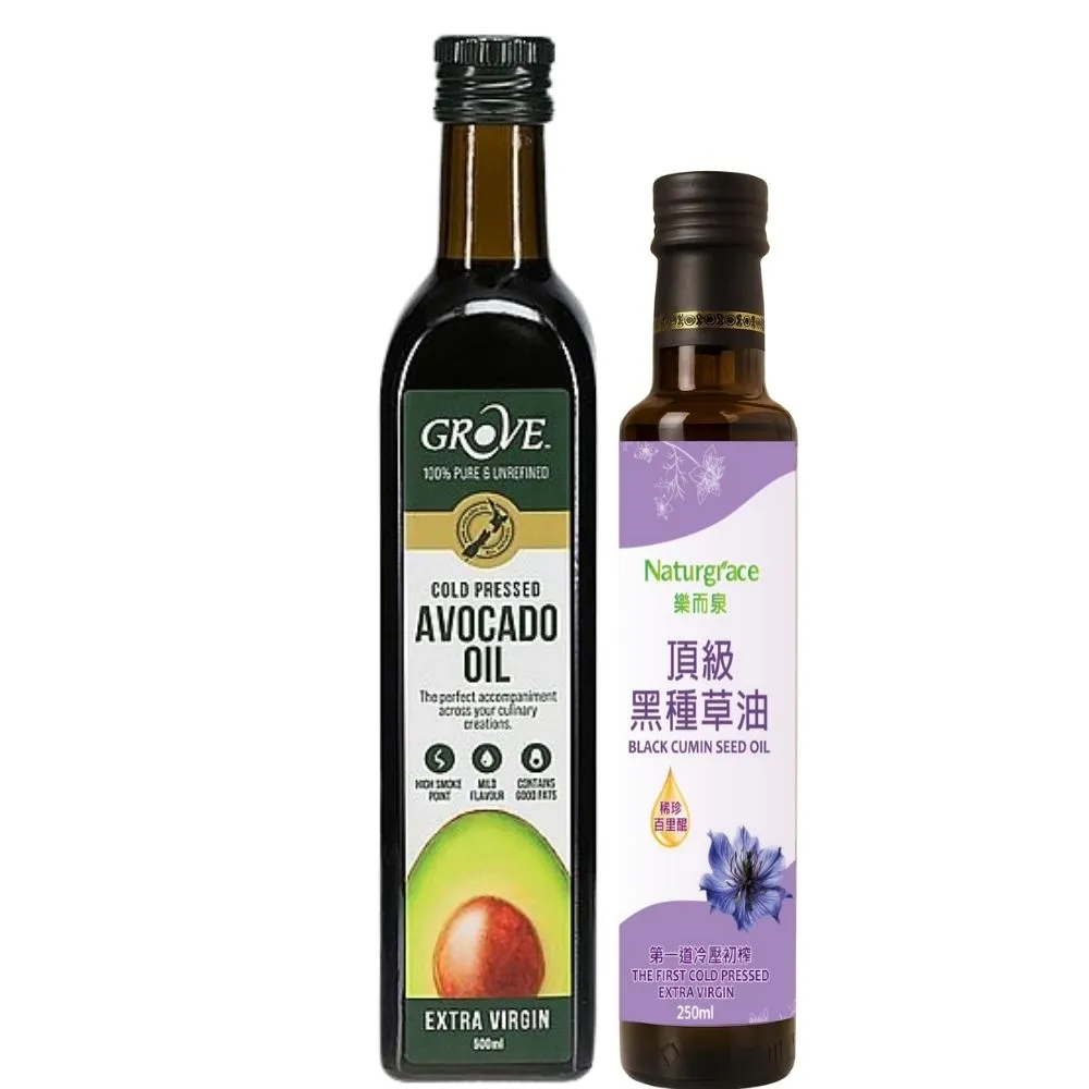 【GROVE 克羅福】紐西蘭第一品牌 頂級冷壓初榨酪梨油 原味500ml＋Naturgrace 樂而泉 黑種草油250ml雙11