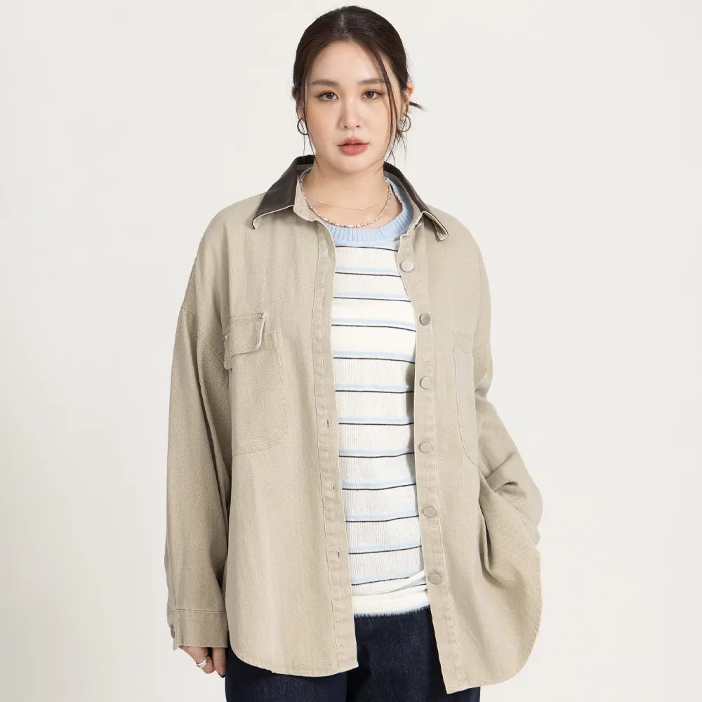 【M：MINb】巴恩風皮質翻領牛仔襯衫外套(淺卡其/中大尺碼女裝/XL女裝/女裝/大尺碼上衣/巴恩風/大尺碼外套)
