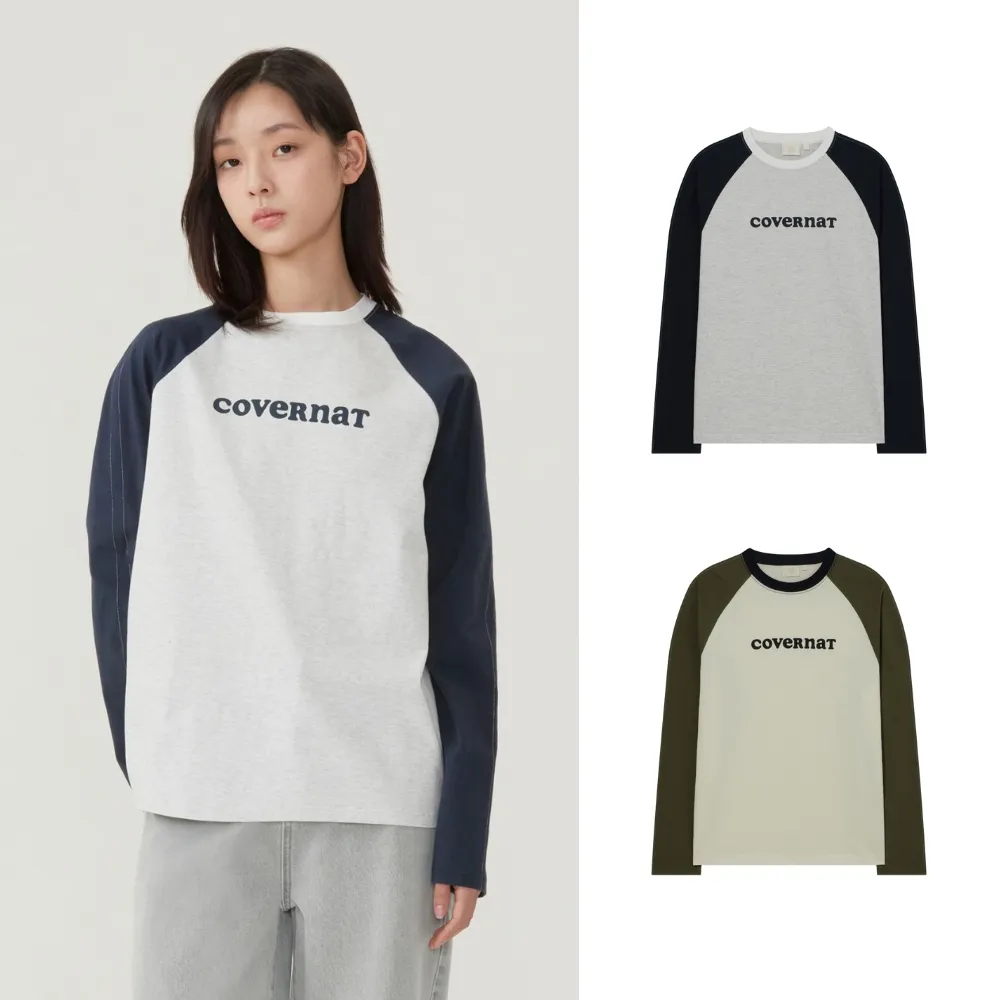 【COVERNAT】女款Logo雙色拼接長袖T恤(WMS長袖上衣 奶油白/混灰色)