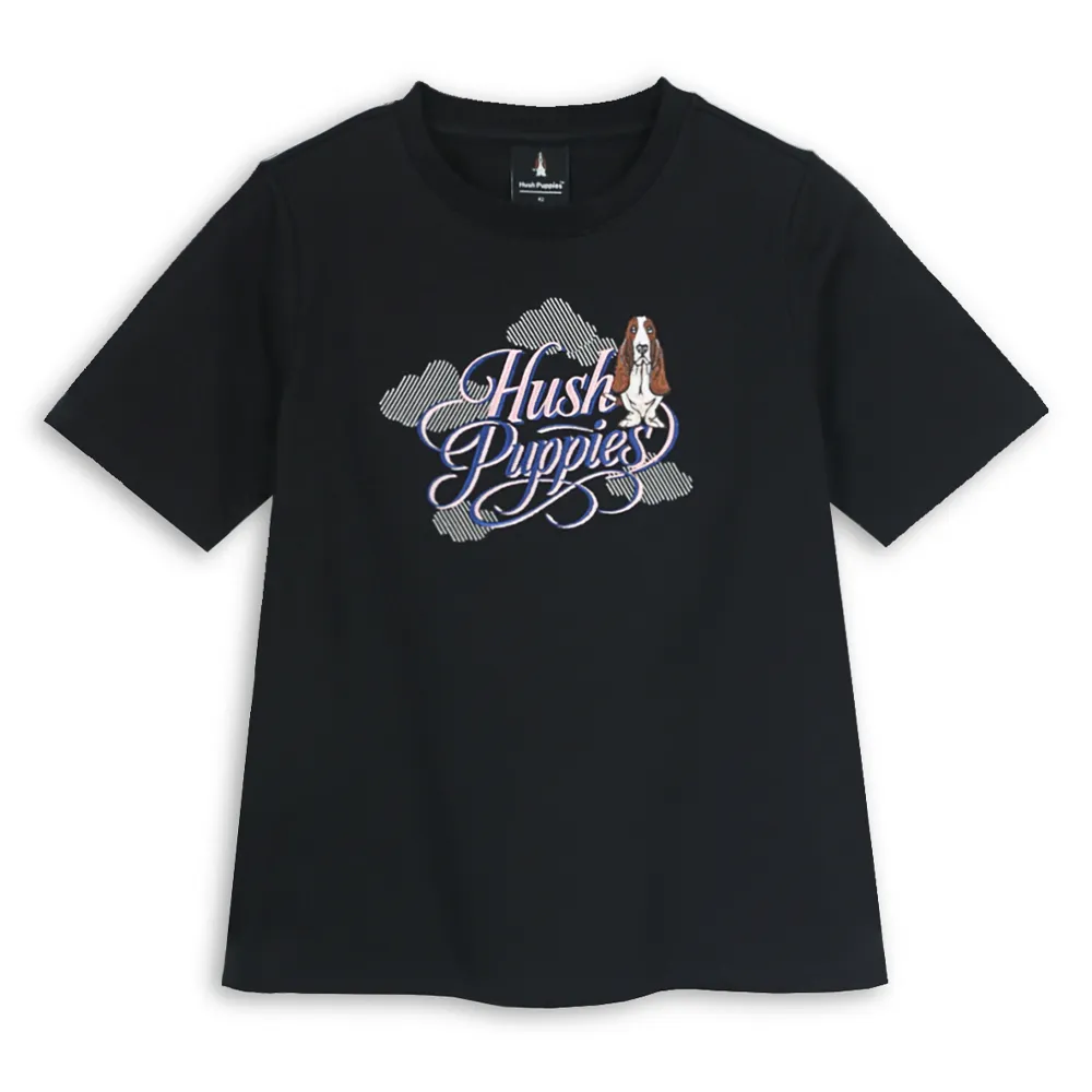 【Hush Puppies】女裝 T恤 雲朵造型配色英文刺繡狗T恤 (黑色 / 64211103)