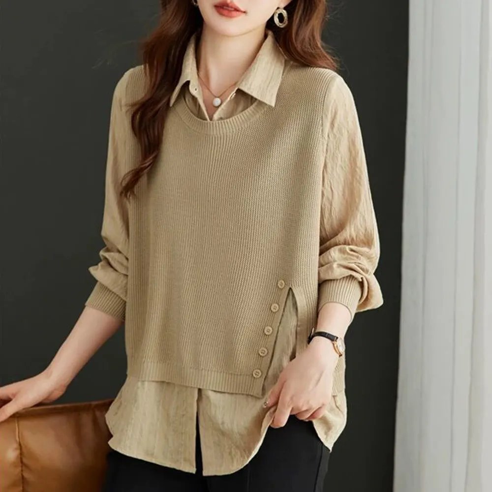 【Alishia】氣質拼接假兩件長袖女襯衫 女上衣 M-2XL(杏色 / 卡其色 / 咖啡色 / 黑色)