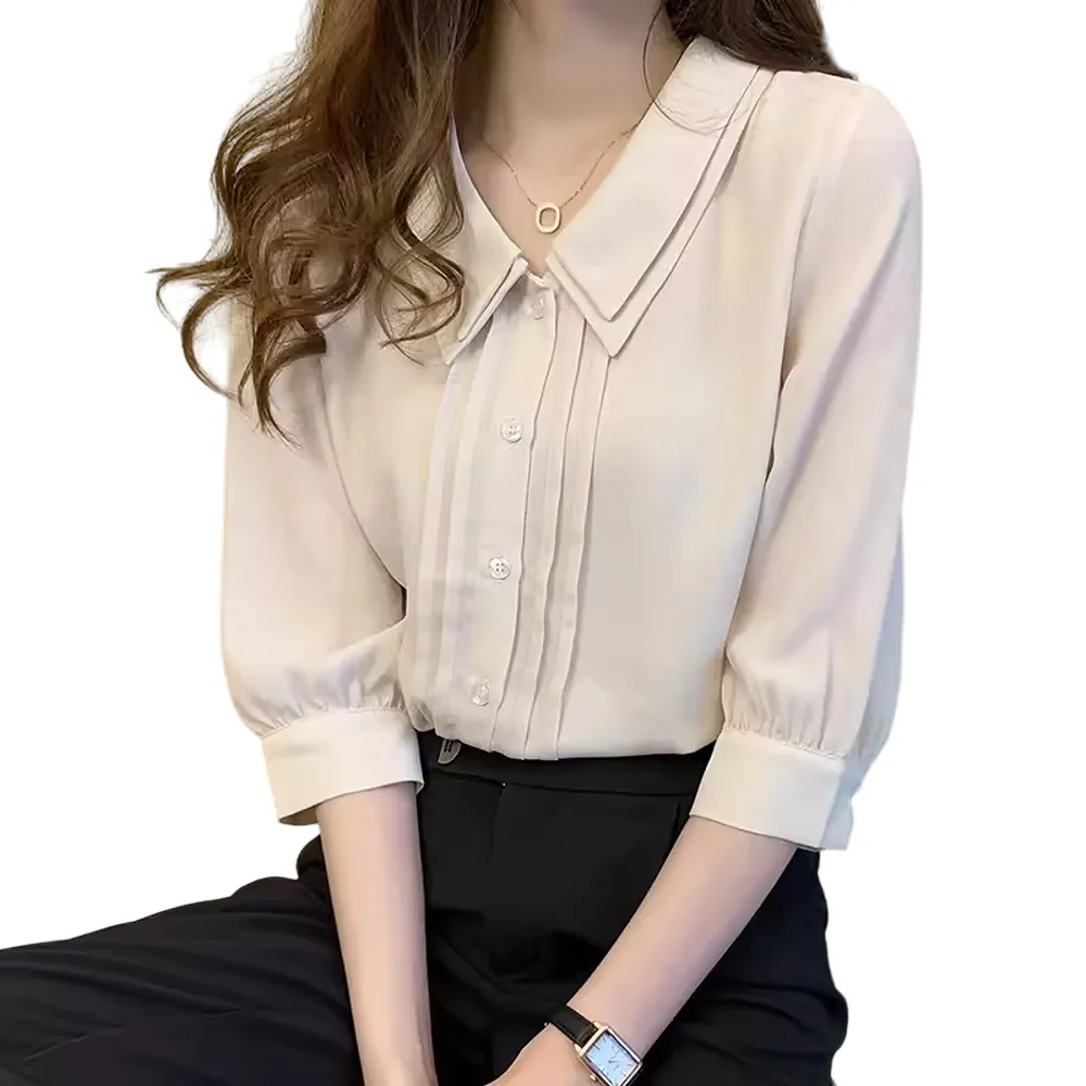 【CHACO】/現貨/女春秋杏色5分袖娃娃領OL紡衫襯衫上衣#6975(雪紡 上衣 襯衫 娃娃領 杏色 女 春夏)