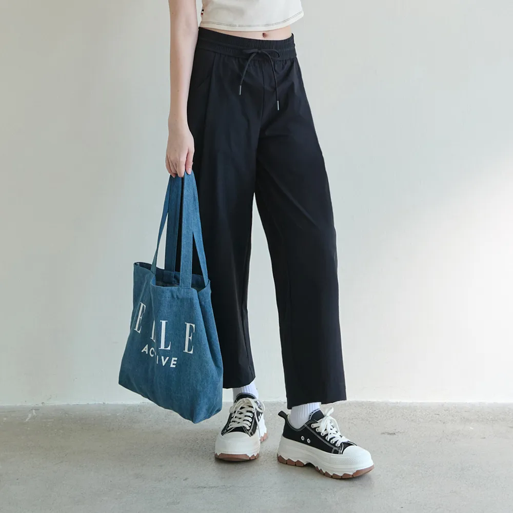 【ELLE ACTIVE】女款 簡約寬版休閒長褲-黑色(EA25S2W3401-99)