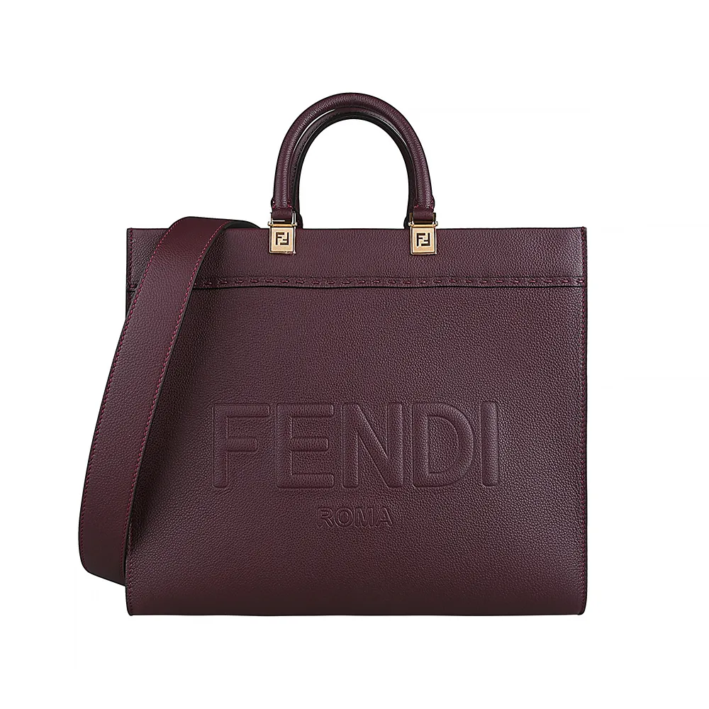 【FENDI 芬迪】FENDI Sunshine簡約浮雕字母LOGO荔枝紋設計牛皮手提肩背包(酒紅)