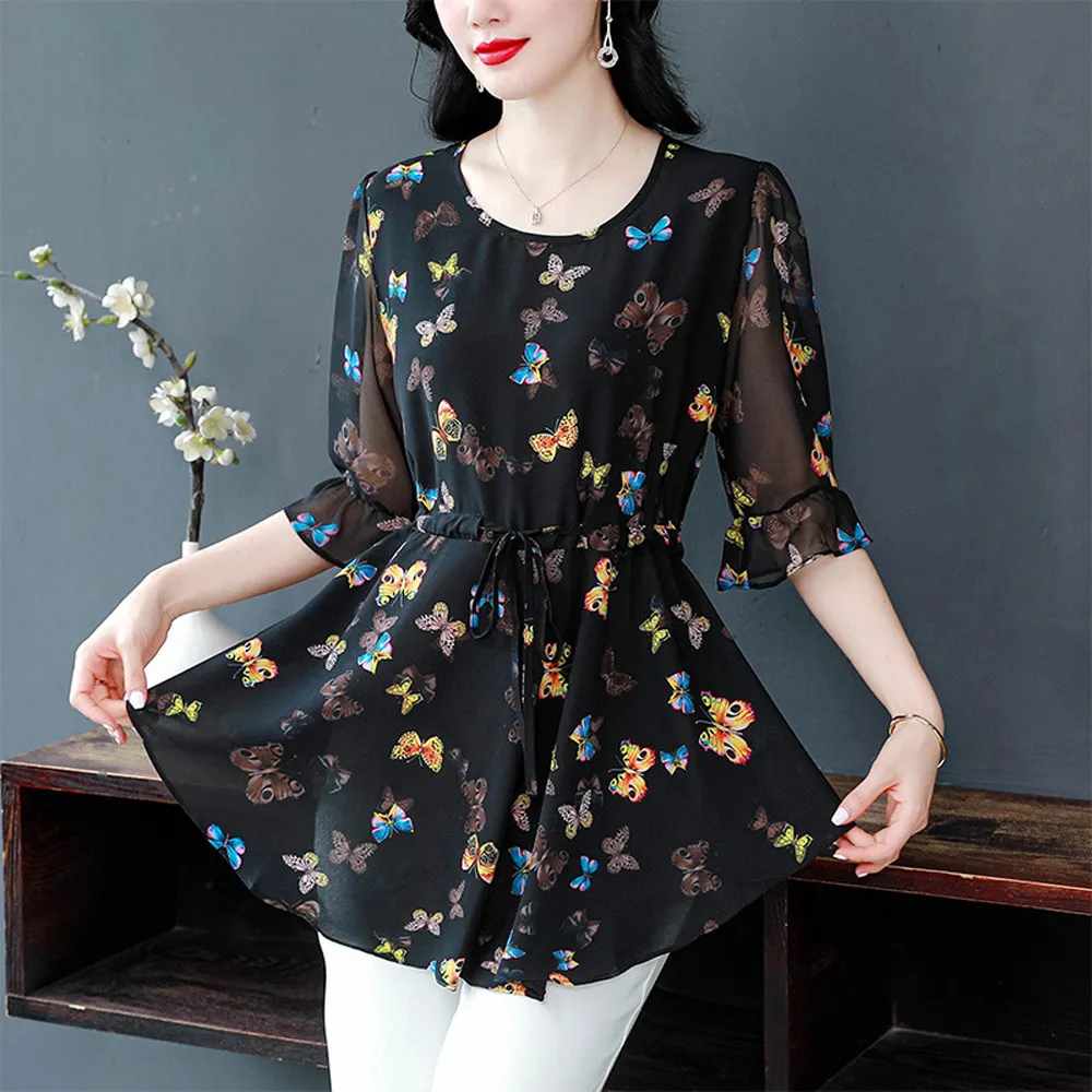 【ALLK 歐楷】新品 印花雪紡上衣 黑色(尺寸L-XXL/中大尺碼/涼爽/透氣)