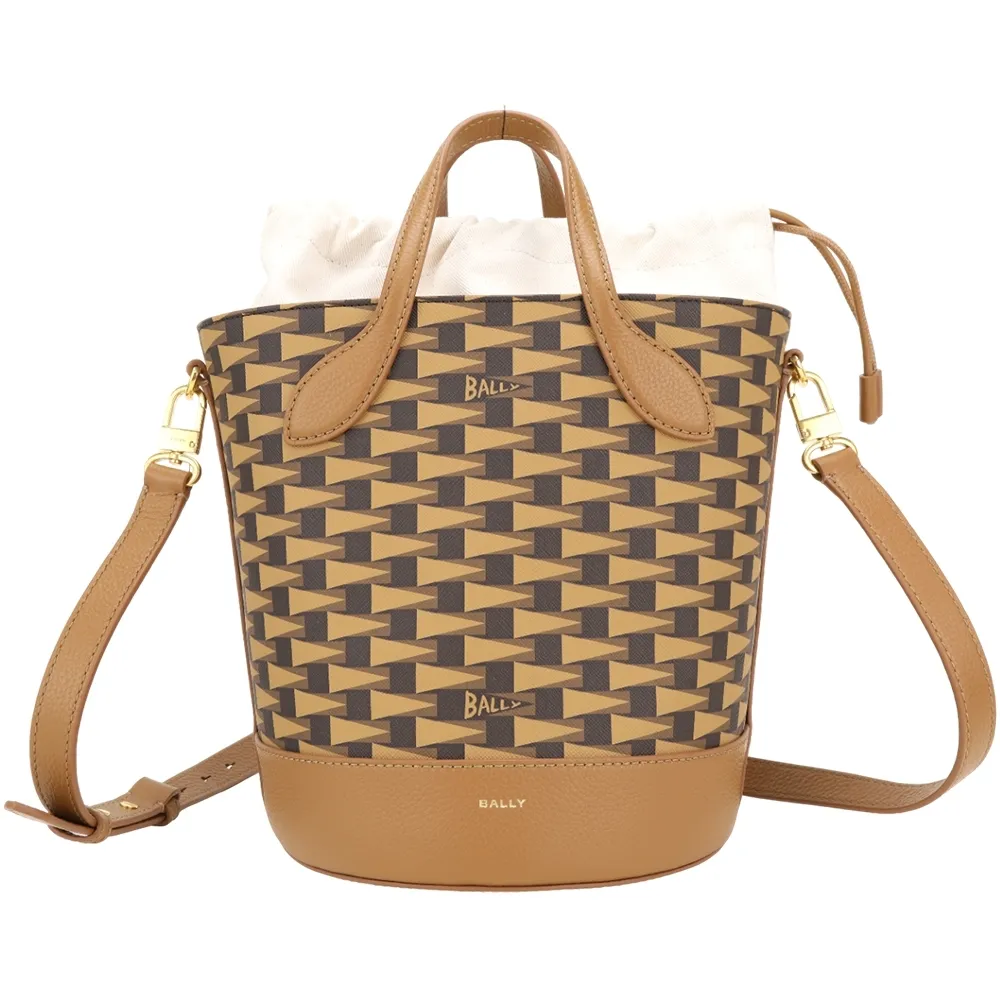【BALLY】Pennant 老花帆布束口內袋手提 肩斜背水桶包-棕色