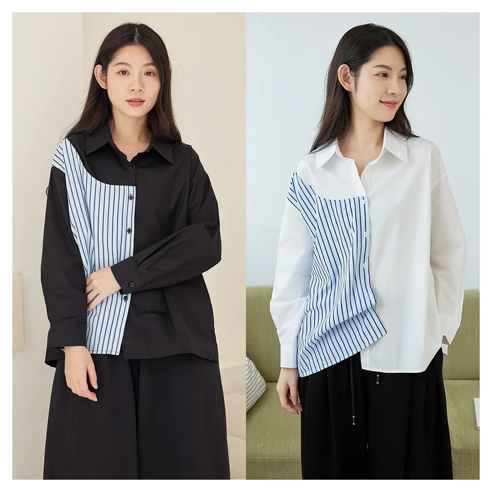 【iNio 衣著美學】長袖上衣 秋冬新品 現貨 條紋拼接 翻領 長袖襯衫(CDW1753)