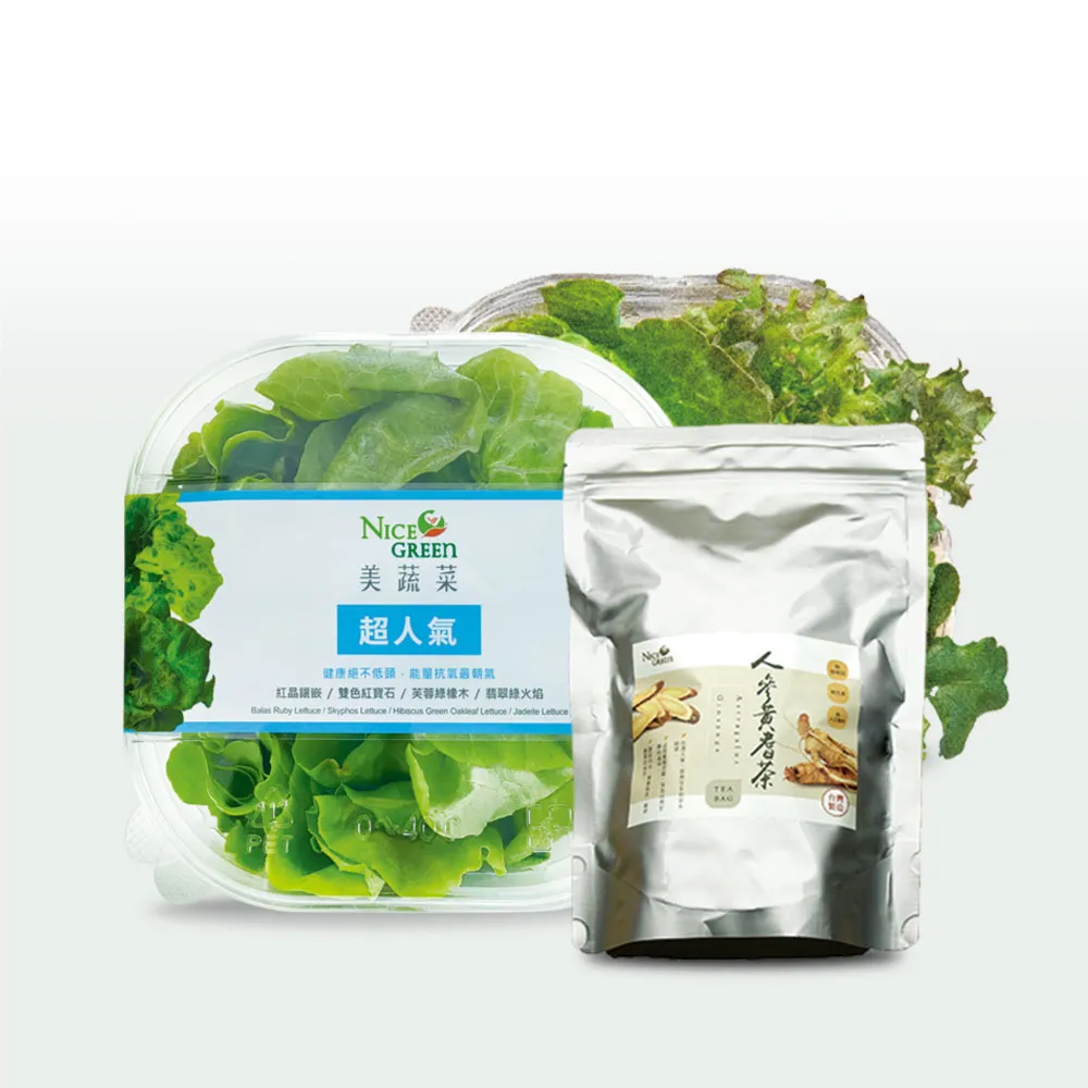 【NICE GREEn 美蔬菜】美蔬菜4入+人參黃耆茶1包(生菜 沙拉 萵苣 人參 黃耆茶)