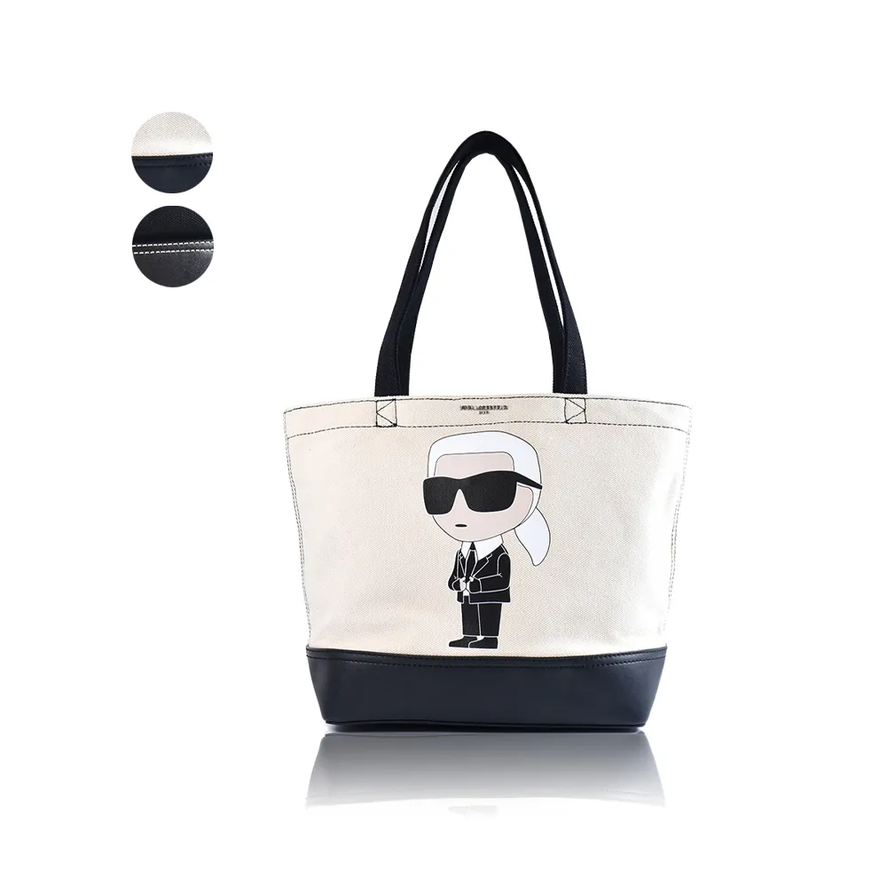 【KARL LAGERFELD 卡爾】老佛爺磁釦棉布拚皮革托特包(新款任選)