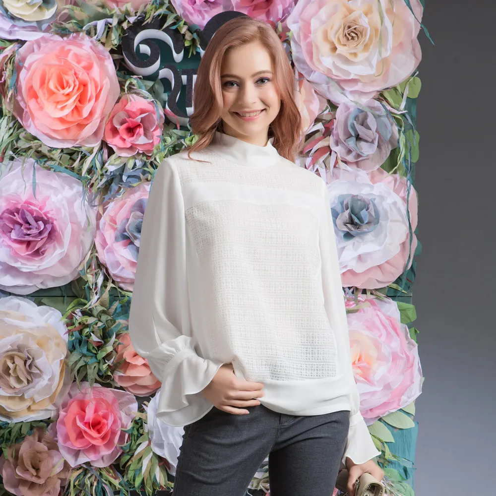 【MAGIQUE WARDROBE】雪紡拚接蕾絲拋袖荷葉上衣(白色)