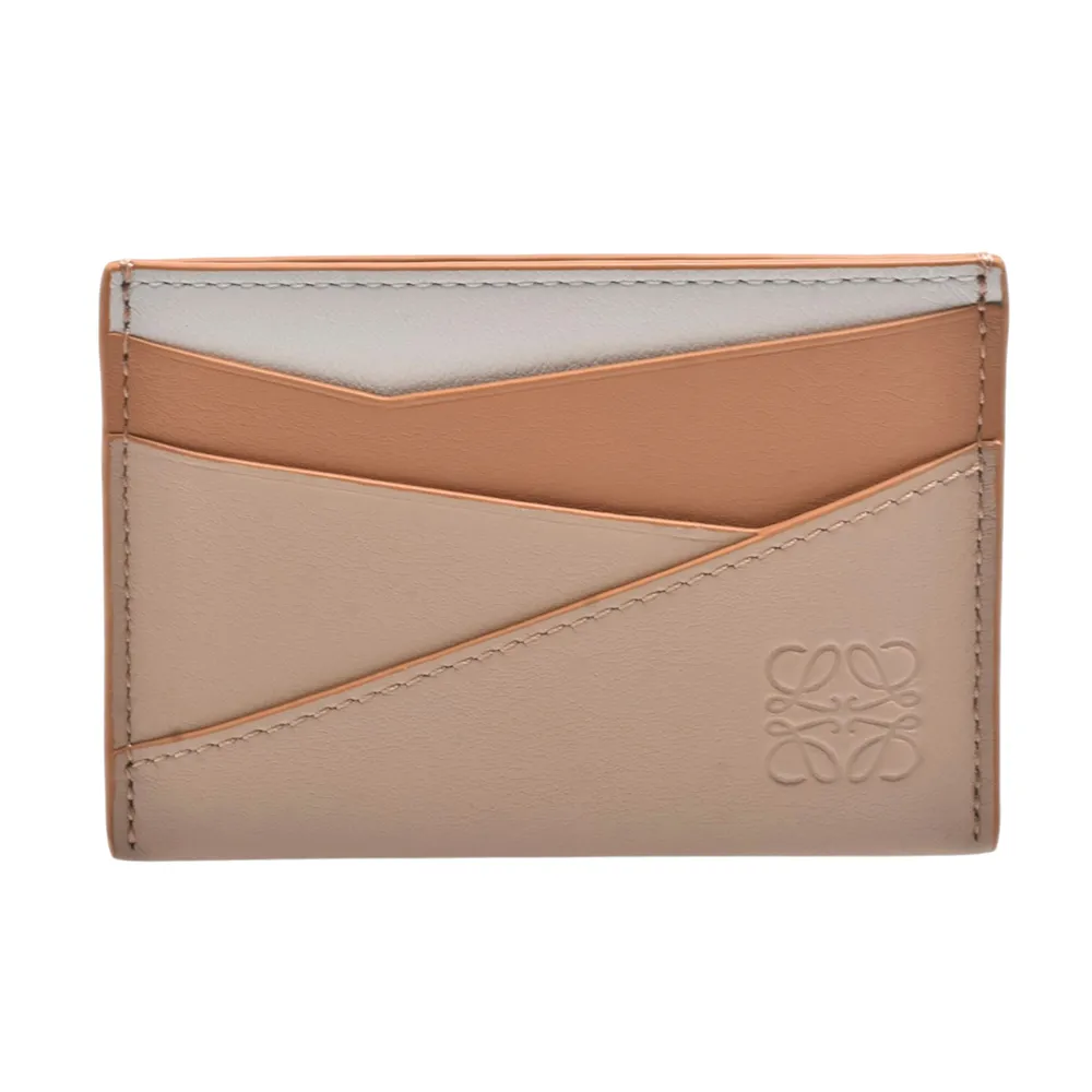 【LOEWE 羅威】經典PUZZLE系列牛皮三色幾何拼接卡夾(暖沙色拼接/白色)
