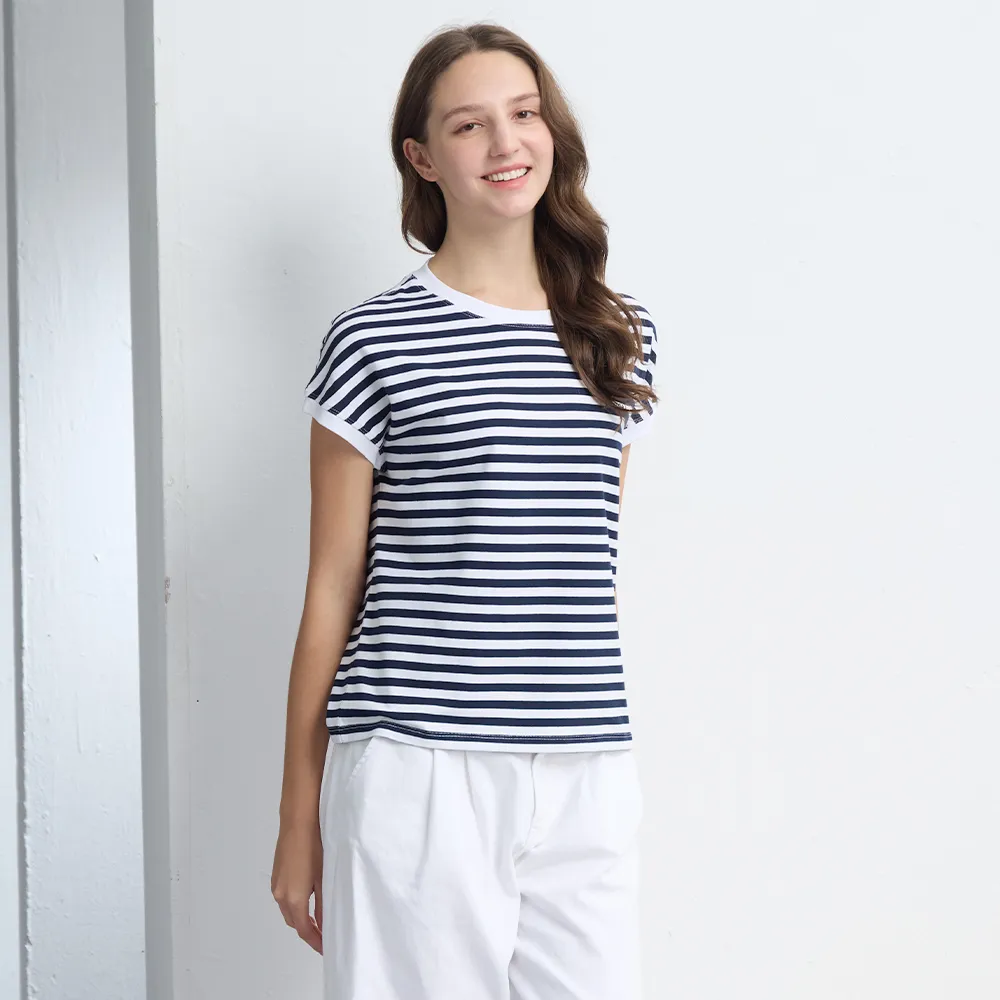 【NAUTICA】官方旗艦 女裝 經典簡約藍條紋短袖T恤(黑色)