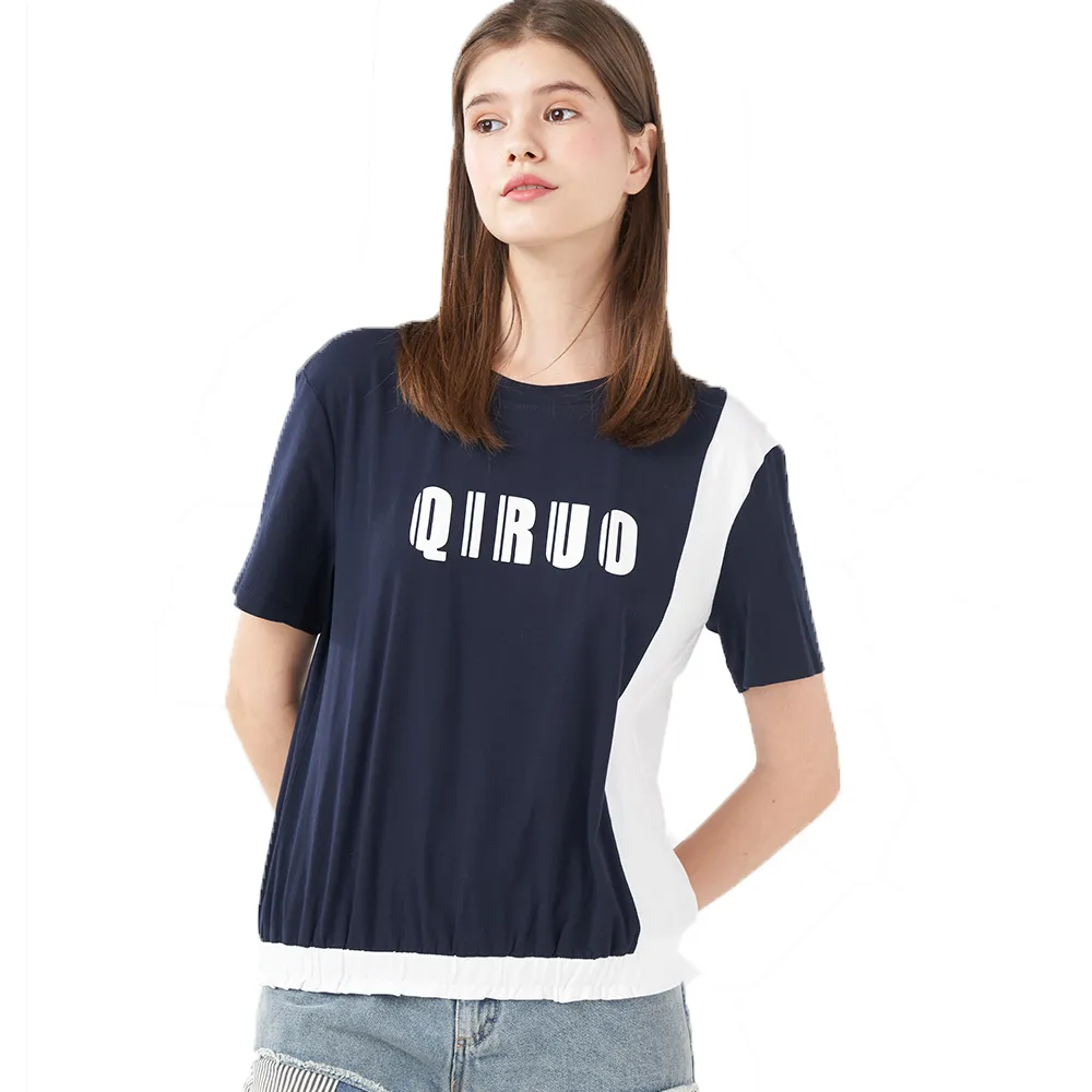 【Qiruo 奇若名品】雙布料棉T 下擺彈性縮口 藍白相間英文字母上衣 8227A