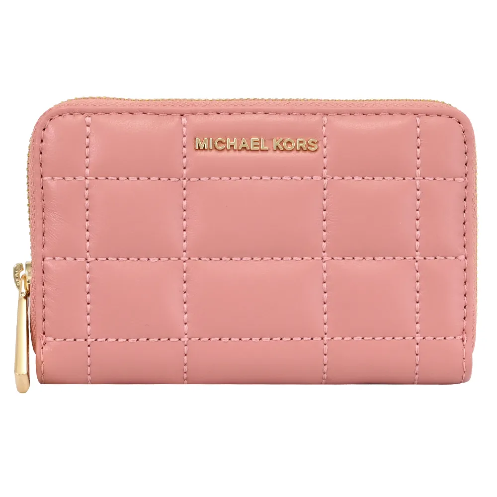 【Michael Kors】簡約金屬車線格紋信用卡證件名片零錢包(玫瑰粉)