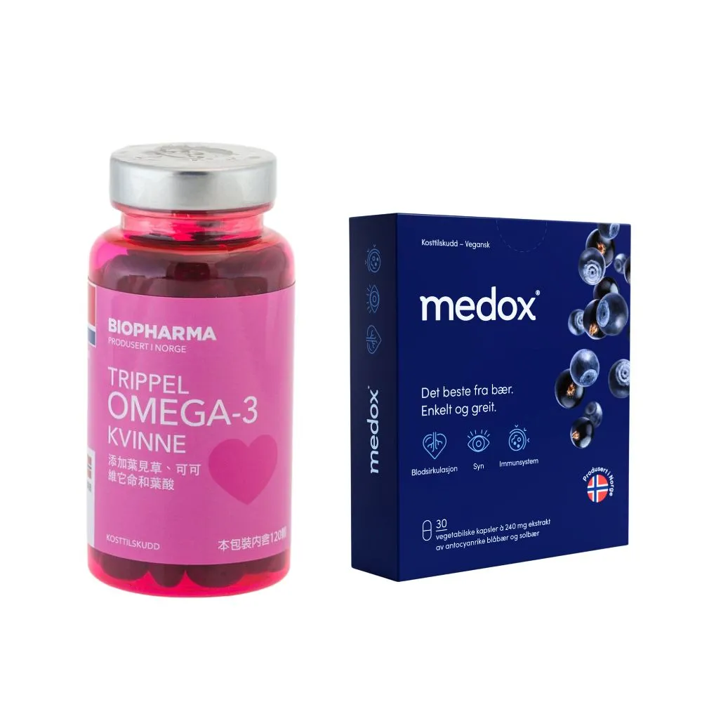 【Isbjorn 北極熊保健專家】女性專用魚油一瓶+Medox 莓達斯藍莓花青素膠囊一盒(120顆/瓶+30顆/盒)