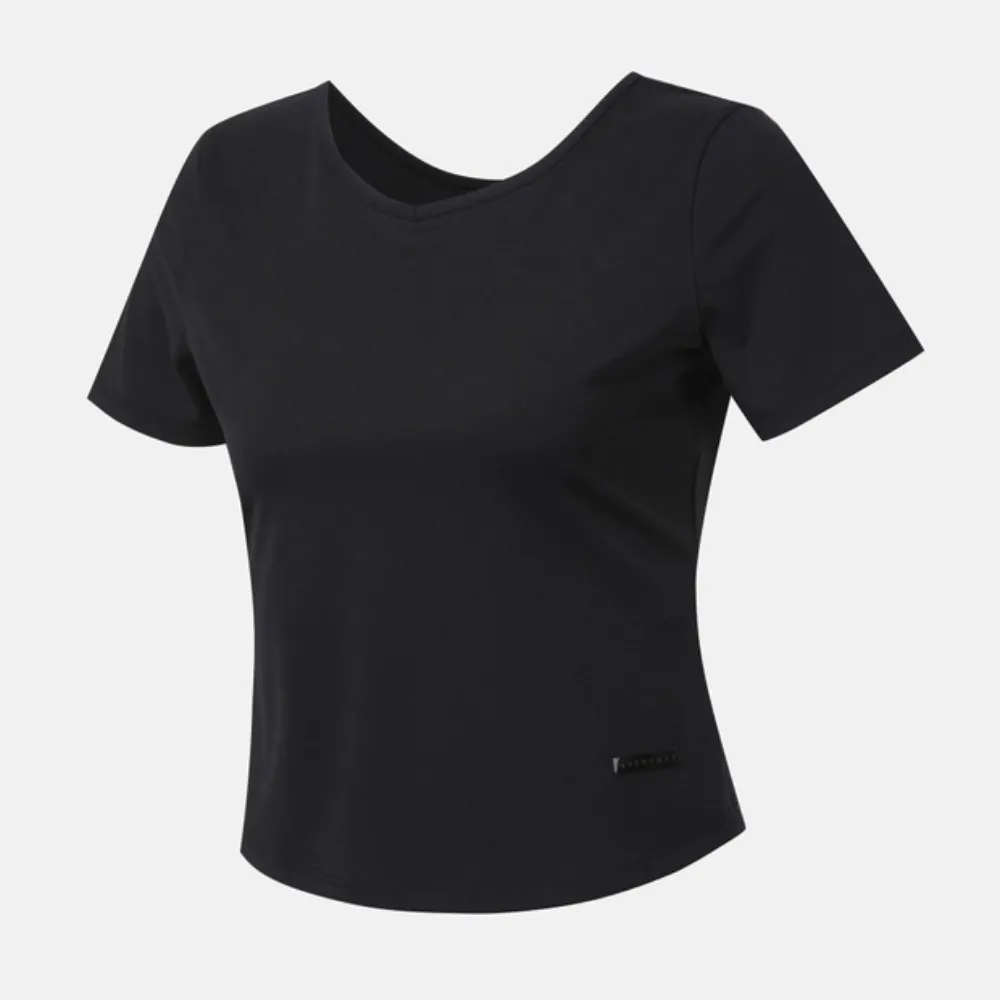 【DESCENTE】迪桑特 短袖上衣 女 短版 快排 WOMENS SEMI-CROPPED 黑 SQ322PTS72-BLK0