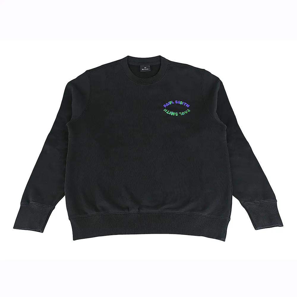 【Paul Smith】PAUL SMITH燙印藍綠字LOGO厚磅有機棉圓領長袖運動衫(男款/黑)