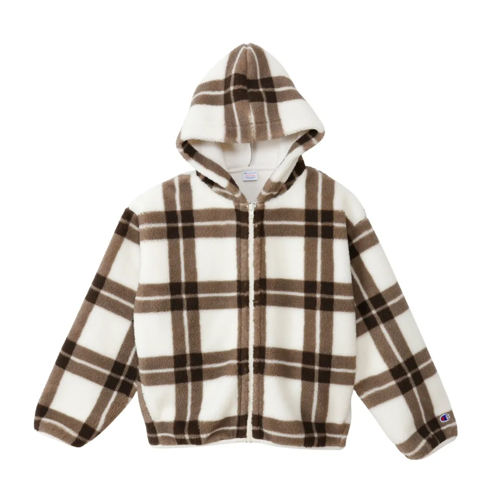 【Champion】官方直營 女款-CASUAL 格紋抓毛絨連帽外套-白色/褐色格紋(CW-C603-034 日規)