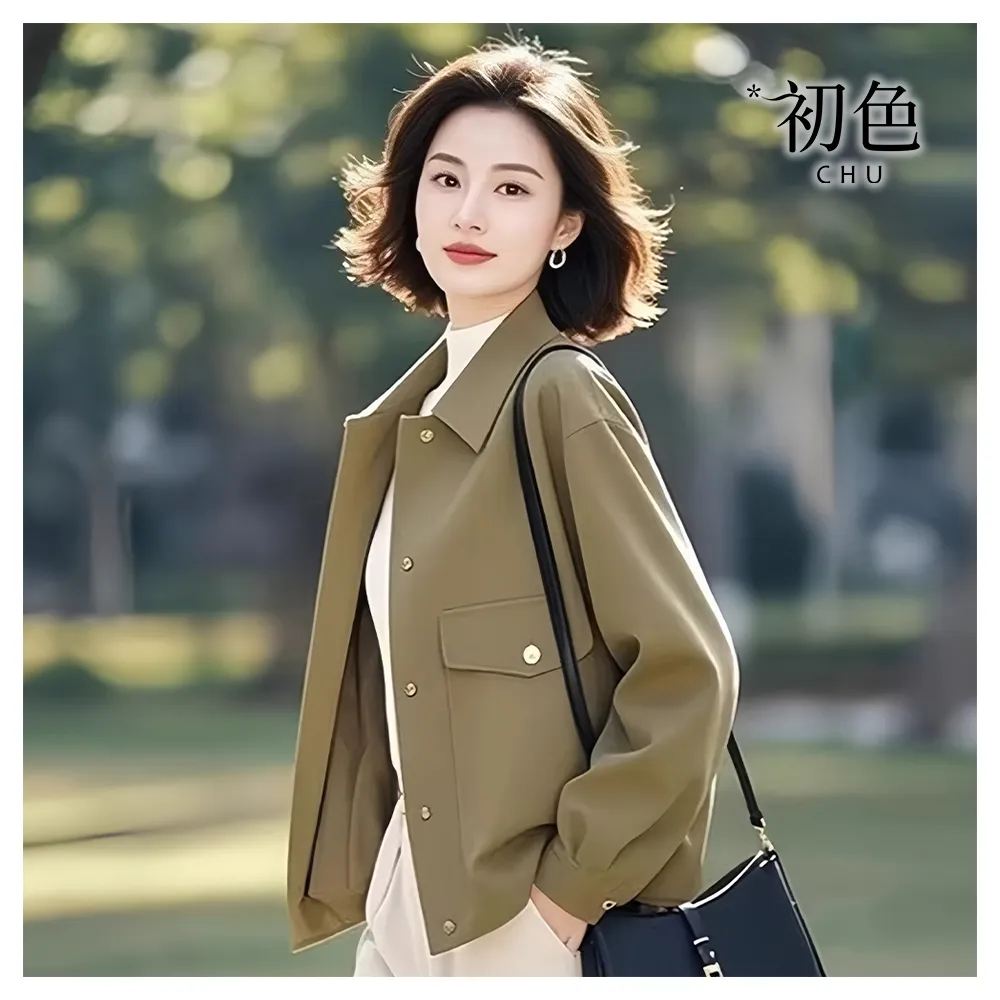 【初色】簡約純色翻領排扣口袋長袖外套女外套-綠色-15186(M-3XL可選)