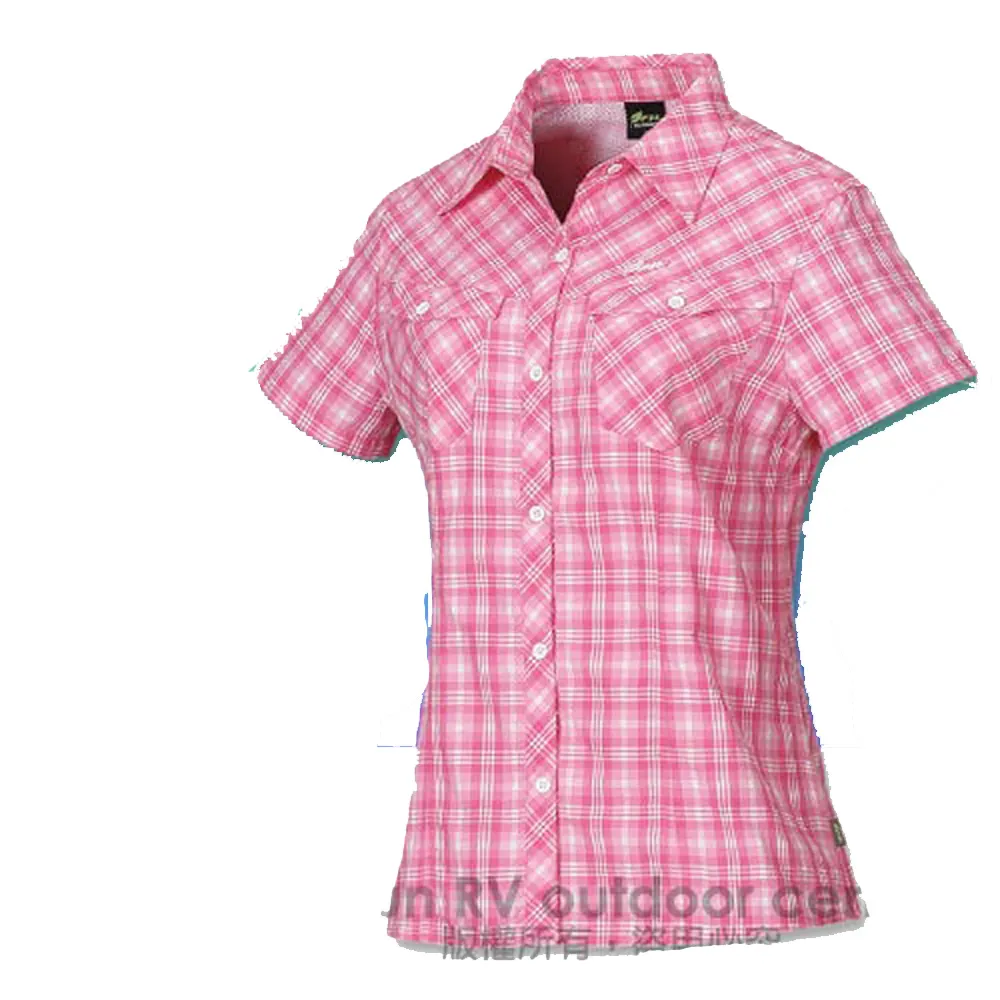 【FIT】女款 格紋吸排抗UV短袖襯衫/立領.透氣.吸濕.輕量(FS2202 粉紅色)