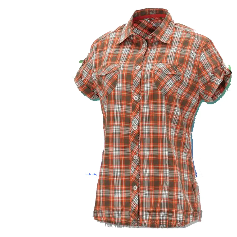 【FIT】女款 格紋吸排抗UV短袖襯衫/立領.透氣.吸濕.輕量(FS2203 鮭魚橙)