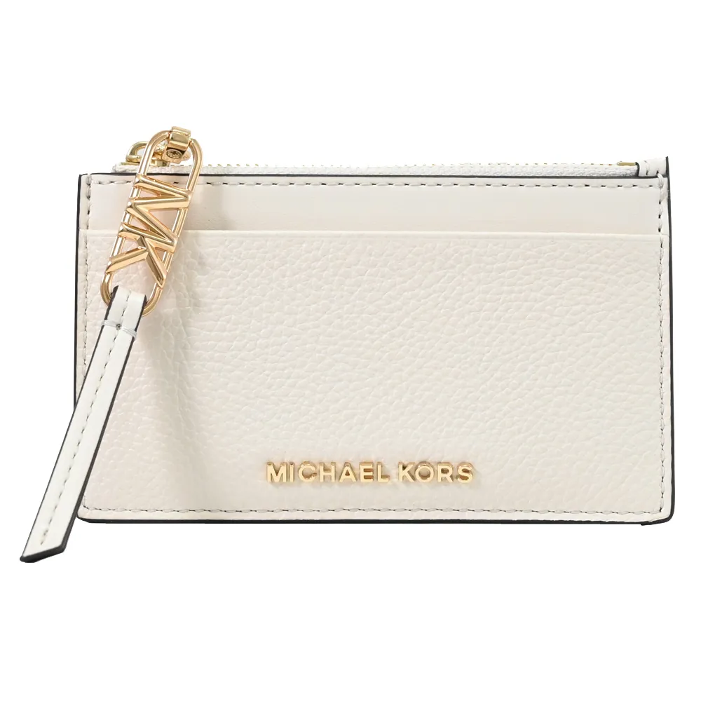 【Michael Kors】簡約金屬LOGO皮革信用卡證件名片零錢包(米白)