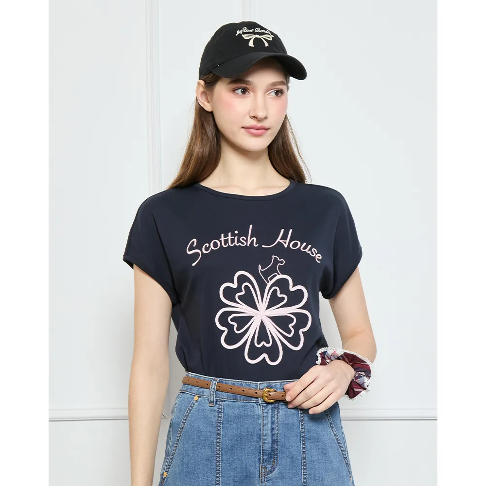 【SCOTTISH HOUSE】大花繩繡連袖棉T-粉/丈青 CJYB1231