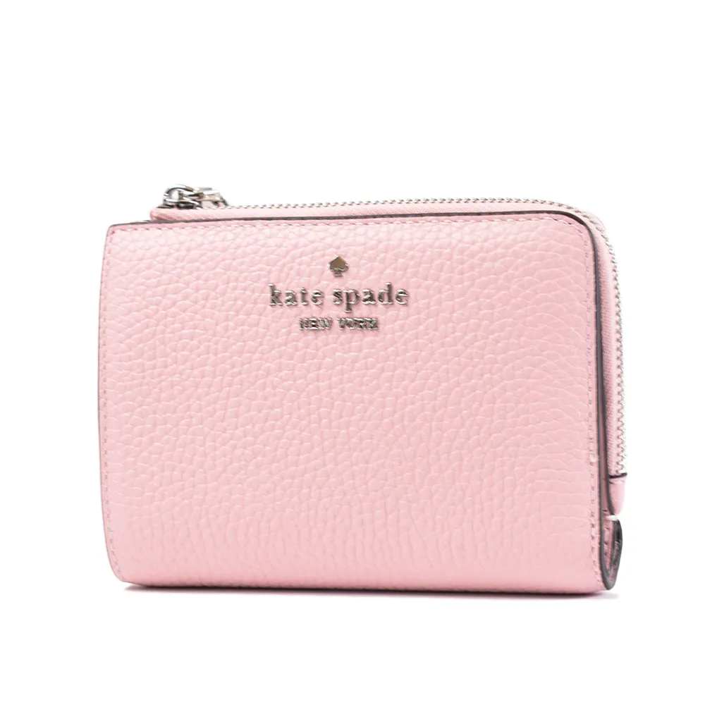 【KATE SPADE】Lena L型拉鍊袋荔枝紋釦式短夾-芭蕾粉