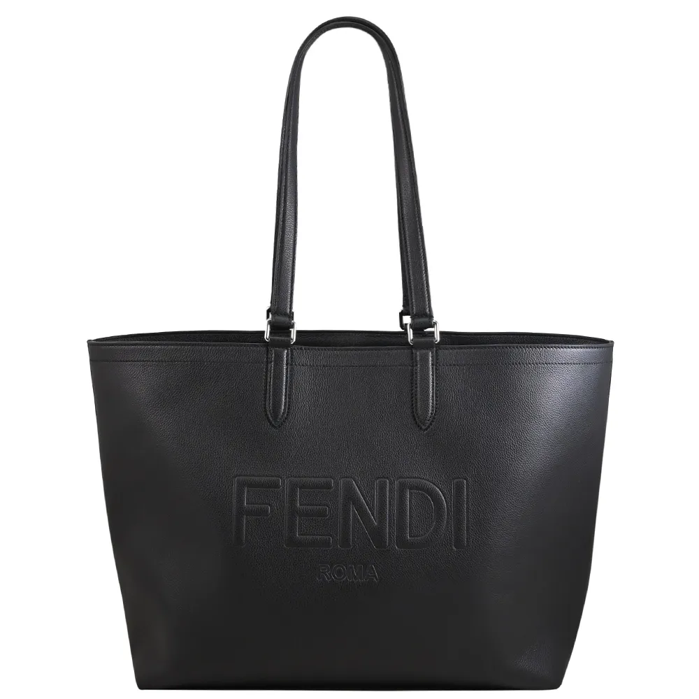 【FENDI 芬迪】ROMA 簡約經典LOGO荔枝牛皮大容量肩背包托特包(黑)