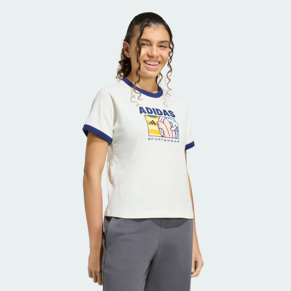 【adidas 愛迪達】Pop Art T1 Q2 女 T恤 運動上衣 休閒短袖 白 亞版 純棉 滾邊(KC8603)