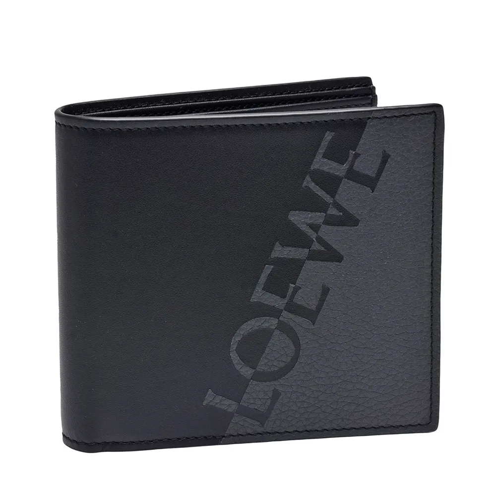 【LOEWE 羅威】經典品牌LOGO雙色小牛皮摺疊短夾(曜石黑C314302X01-1268)