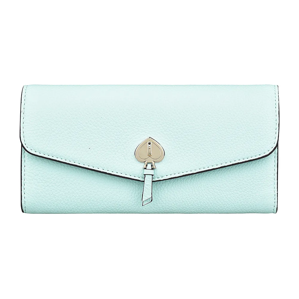 【KATE SPADE】Kate Spade MARTI 桃心LOGO牛皮12卡釦式長夾(展示品/大/淺蒂芬妮藍)
