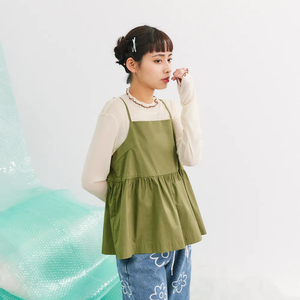 【Dailo】澎澎感抽皺細肩帶無袖上衣(綠/魅力商品)