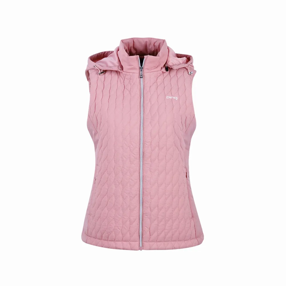 【PING】女款麻花車棉蓄熱保暖舖棉背心-粉(防風透氣/防潑水/GOLF/高爾夫/RB25216-15)