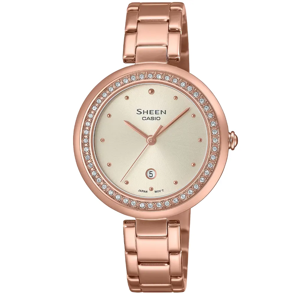 【CASIO 卡西歐】卡西歐 SHEEN 藍寶石鋼帶錶-玫瑰金(SHE-4556PG-7A) 雙11