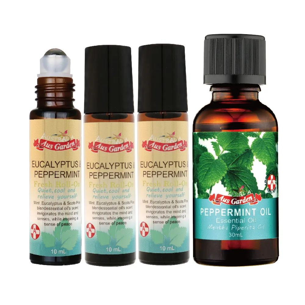 【Ausgarden 澳維花園】爆涼爽舒活４件組(薄荷精油x1+薄荷尤加利怡神滾珠精油x3)