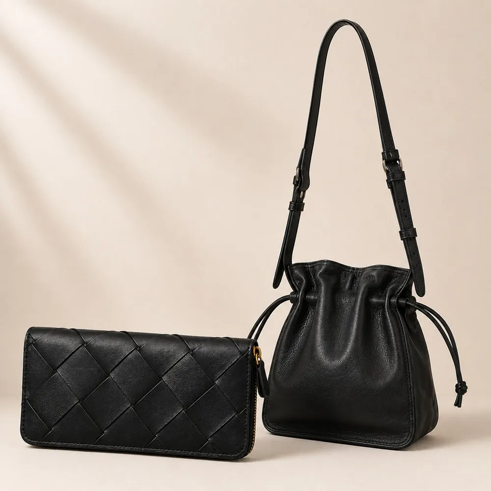 【WHOSE BAG】雙11 韓國羊皮編織長夾 買一送一｜送頭層牛皮福袋包 真皮全拉鍊皮夾 12卡位大容量 