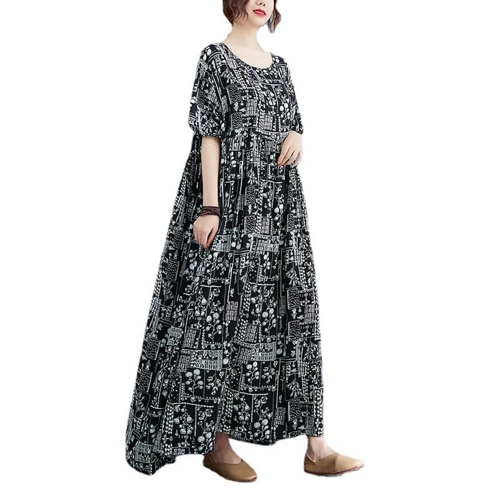 【米蘭精品】極速出貨  洋裝五分袖連身裙(復古風黑白花草系女裙子74dy15)